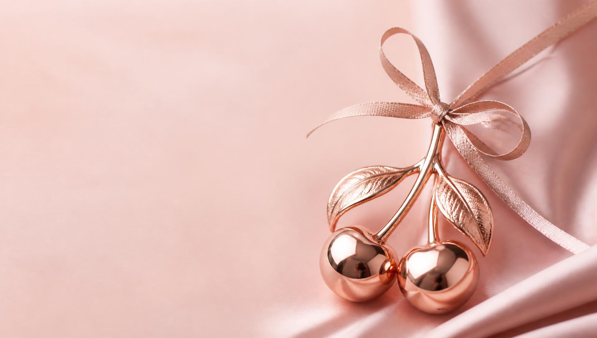 Cerejas em metal rosé sobre tecido rosa